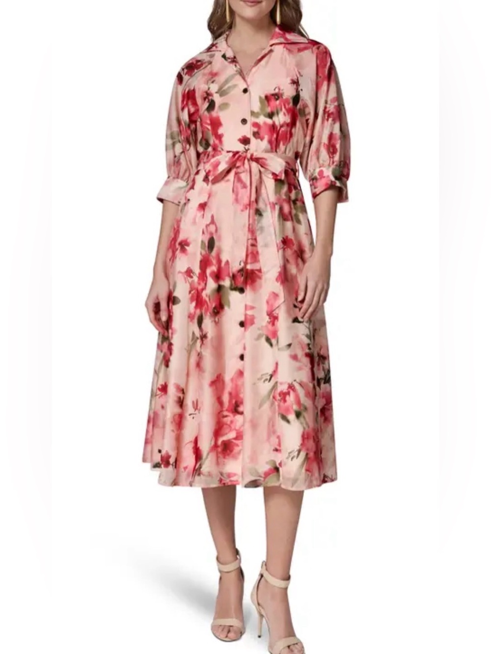 Donna Karan
New York
Floral Print Tie Waist
Midi Shirtdress